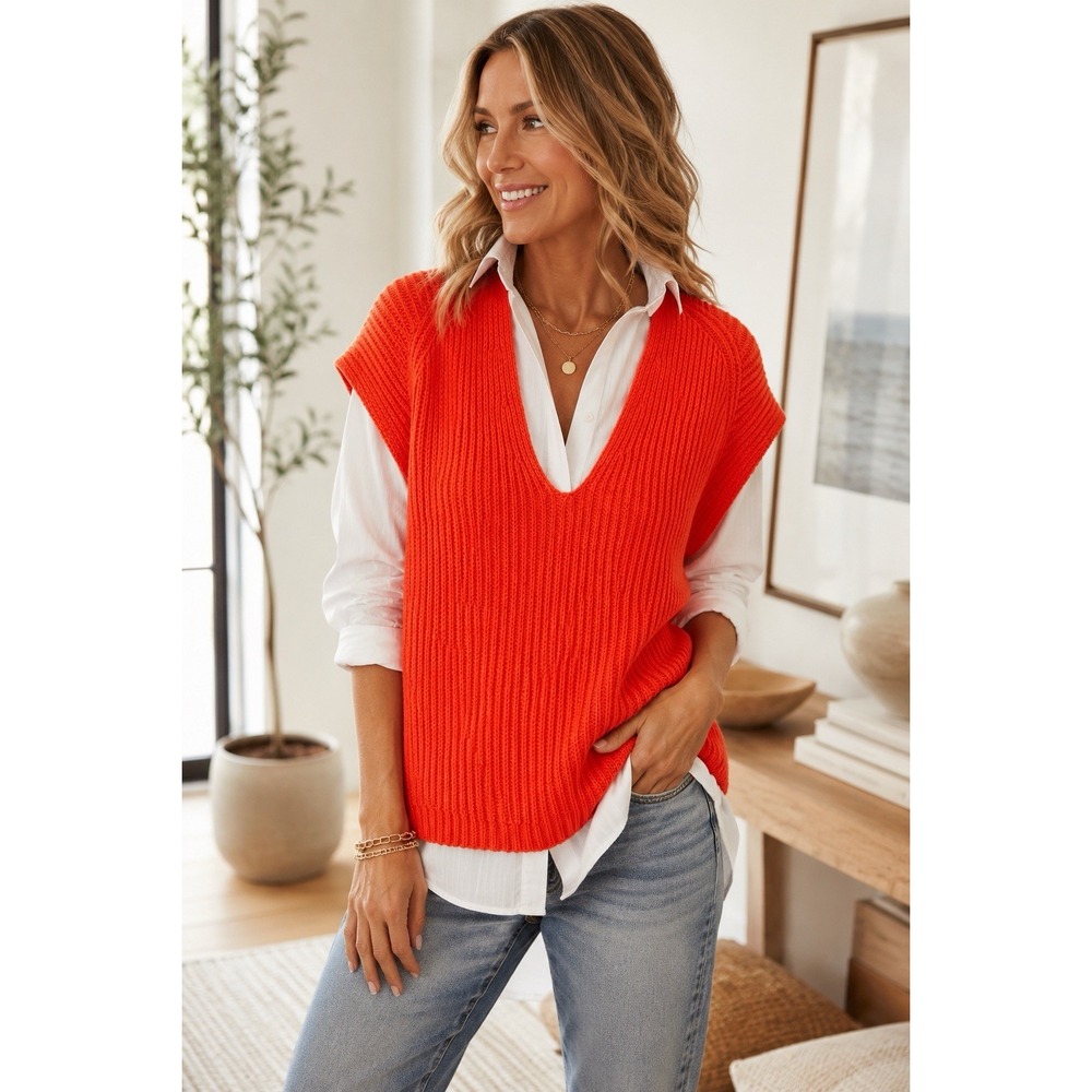 Cabi Women M Orange Red Chunky Knit V Neck Sweater Vest Pullover Fall Layering - Picture 1 of 5